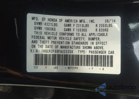 2015 Honda Accord Ex-L z USA, uszkodzony, nr VIN 1HGCR2F89FA020358